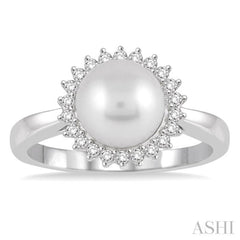 8x8 MM Round Shape Cultured Pearl and 1/5 Ctw Round Cut Diamond Ring in 14K White Gold 8x8 MM Round Shape Cultured Pearl and 1/5 Ctw Round Cut Diamond Ring in 14K White Gold