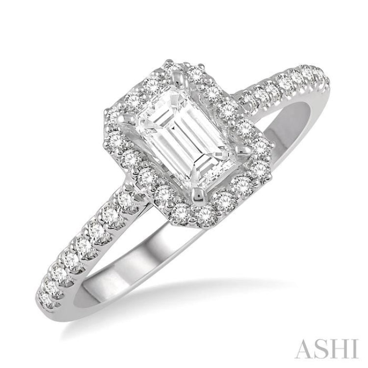 3/8 Ctw Emerald Shape Engagement Ring with 1/4 Ct Emerald Cut Center Stone in 14K White Gold 3/8 Ctw Emerald Shape Engagement Ring with 1/4 Ct Emerald Cut Center Stone in 14K White Gold