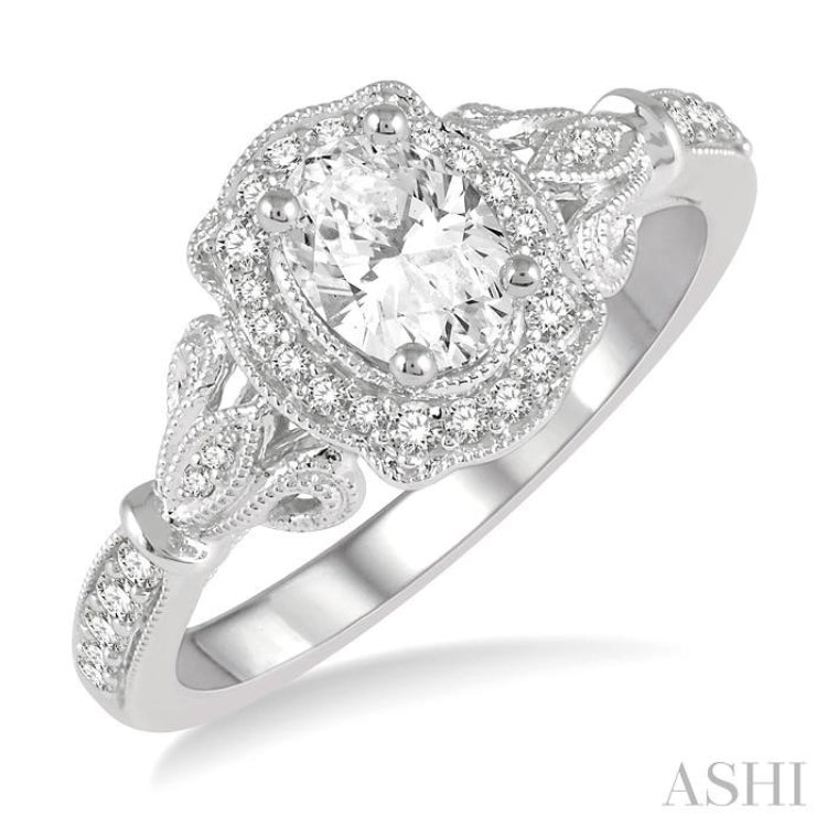 5/8 Ctw Lattice Shank Oval and Round Cut Diamond Ladies Engagement Ring with 3/8 Ct Oval Cut Center Stone in 14K White Gold 5/8 Ctw Lattice Shank Oval and Round Cut Diamond Ladies Engagement Ring with 3/8 Ct Oval Cut Center Stone in 14K White Gold