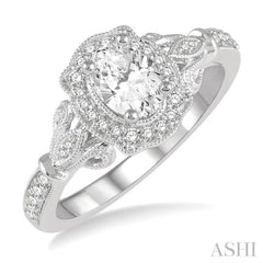 5/8 Ctw Lattice Shank Oval and Round Cut Diamond Ladies Engagement Ring with 3/8 Ct Oval Cut Center Stone in 14K White Gold 5/8 Ctw Lattice Shank Oval and Round Cut Diamond Ladies Engagement Ring with 3/8 Ct Oval Cut Center Stone in 14K White Gold
