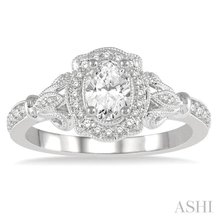 5/8 Ctw Lattice Shank Oval and Round Cut Diamond Ladies Engagement Ring with 3/8 Ct Oval Cut Center Stone in 14K White Gold 5/8 Ctw Lattice Shank Oval and Round Cut Diamond Ladies Engagement Ring with 3/8 Ct Oval Cut Center Stone in 14K White Gold