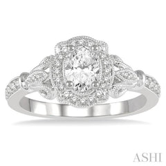5/8 Ctw Lattice Shank Oval and Round Cut Diamond Ladies Engagement Ring with 3/8 Ct Oval Cut Center Stone in 14K White Gold 5/8 Ctw Lattice Shank Oval and Round Cut Diamond Ladies Engagement Ring with 3/8 Ct Oval Cut Center Stone in 14K White Gold