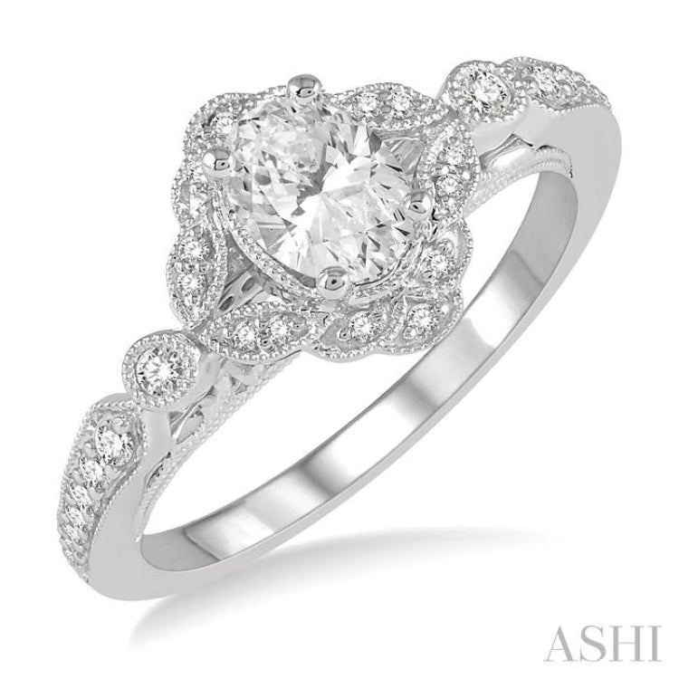 5/8 Ctw Lattice Oval and Round Cut Diamond Ladies Engagement Ring with 3/8 Ct Oval Cut Center Stone in 14K White Gold 5/8 Ctw Lattice Oval and Round Cut Diamond Ladies Engagement Ring with 3/8 Ct Oval Cut Center Stone in 14K White Gold