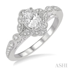 5/8 Ctw Lattice Oval and Round Cut Diamond Ladies Engagement Ring with 3/8 Ct Oval Cut Center Stone in 14K White Gold 5/8 Ctw Lattice Oval and Round Cut Diamond Ladies Engagement Ring with 3/8 Ct Oval Cut Center Stone in 14K White Gold
