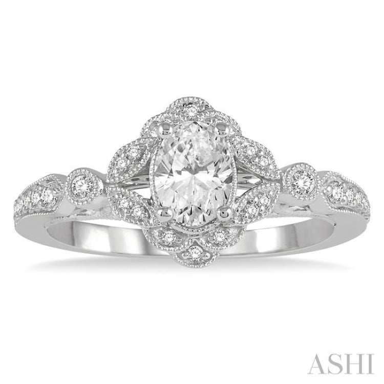 5/8 Ctw Lattice Oval and Round Cut Diamond Ladies Engagement Ring with 3/8 Ct Oval Cut Center Stone in 14K White Gold 5/8 Ctw Lattice Oval and Round Cut Diamond Ladies Engagement Ring with 3/8 Ct Oval Cut Center Stone in 14K White Gold