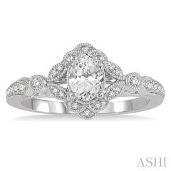 5/8 Ctw Lattice Oval and Round Cut Diamond Ladies Engagement Ring with 3/8 Ct Oval Cut Center Stone in 14K White Gold 5/8 Ctw Lattice Oval and Round Cut Diamond Ladies Engagement Ring with 3/8 Ct Oval Cut Center Stone in 14K White Gold