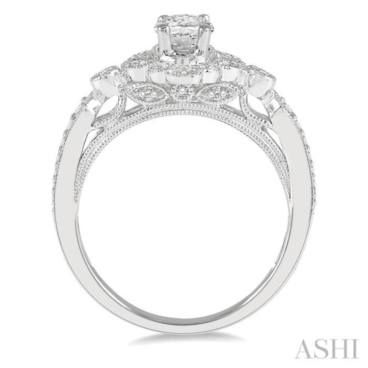 5/8 Ctw Lattice Oval and Round Cut Diamond Ladies Engagement Ring with 3/8 Ct Oval Cut Center Stone in 14K White Gold 5/8 Ctw Lattice Oval and Round Cut Diamond Ladies Engagement Ring with 3/8 Ct Oval Cut Center Stone in 14K White Gold