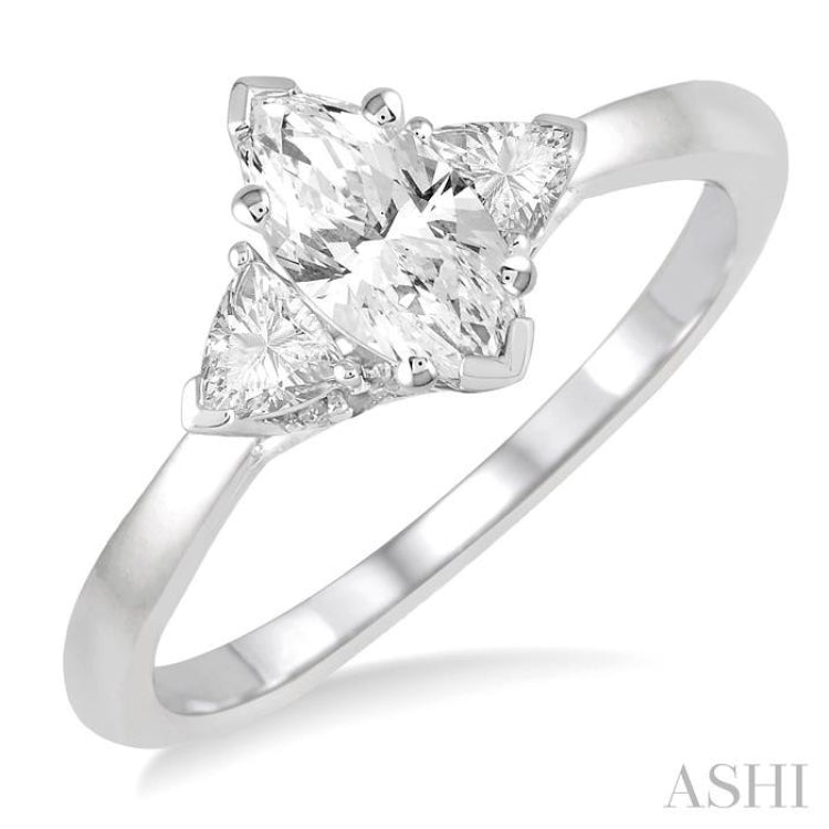 3/4 Ctw Marquise and Triangular Cut Diamond Ladies Engagement Ring with 1/2 Ct Marquise cut Center Stone in 14K White Gold 3/4 Ctw Marquise and Triangular Cut Diamond Ladies Engagement Ring with 1/2 Ct Marquise cut Center Stone in 14K White Gold
