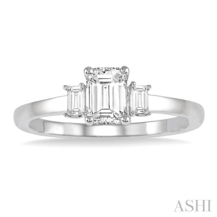 5/8 Ctw Emerald and Baguette Diamond Engagement Ring with 1/2 Ct Emerald cut Center Stone in 14K White Gold 5/8 Ctw Emerald and Baguette Diamond Engagement Ring with 1/2 Ct Emerald cut Center Stone in 14K White Gold