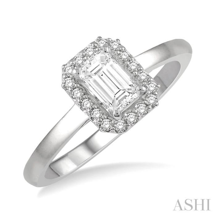 1/3 Ctw Round Cut Diamond Engagement Ring With 1/4 Ct Emerald Cut Center Stone in 14K White Gold 1/3 Ctw Round Cut Diamond Engagement Ring With 1/4 Ct Emerald Cut Center Stone in 14K White Gold