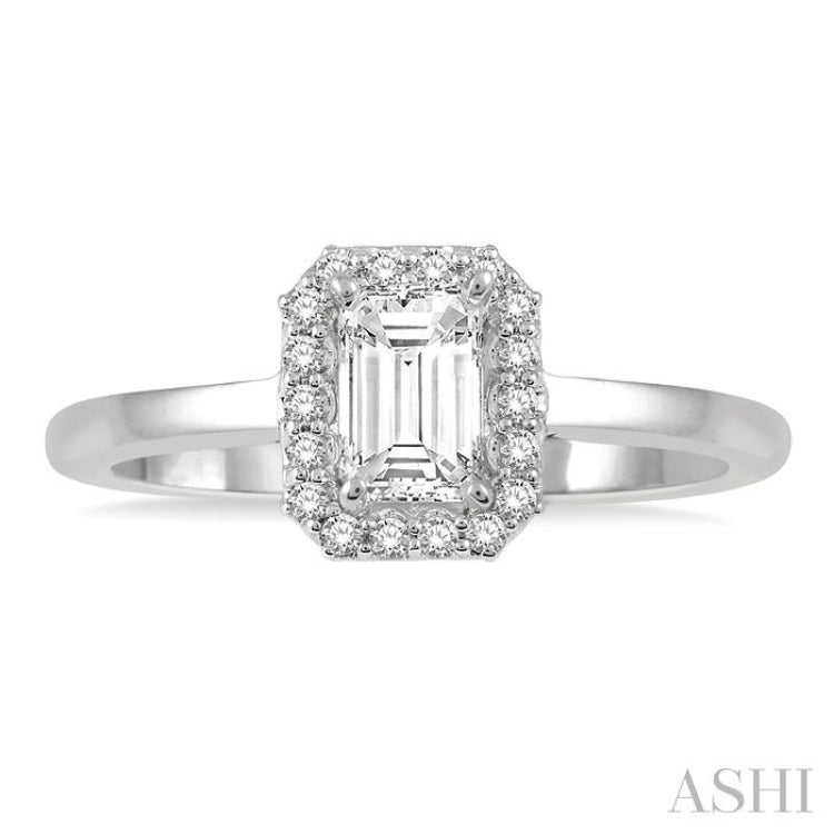 1/3 Ctw Round Cut Diamond Engagement Ring With 1/4 Ct Emerald Cut Center Stone in 14K White Gold 1/3 Ctw Round Cut Diamond Engagement Ring With 1/4 Ct Emerald Cut Center Stone in 14K White Gold