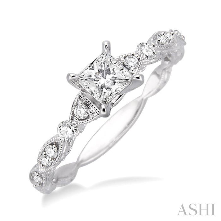 3/8 Ctw Diamond Engagement Ring with 1/4 Ct Princess Cut Center Stone in 14K White Gold 3/8 Ctw Diamond Engagement Ring with 1/4 Ct Princess Cut Center Stone in 14K White Gold