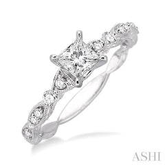 3/8 Ctw Diamond Engagement Ring with 1/4 Ct Princess Cut Center Stone in 14K White Gold 3/8 Ctw Diamond Engagement Ring with 1/4 Ct Princess Cut Center Stone in 14K White Gold