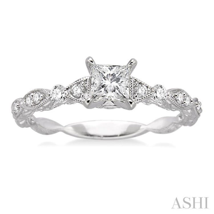 3/8 Ctw Diamond Engagement Ring with 1/4 Ct Princess Cut Center Stone in 14K White Gold 3/8 Ctw Diamond Engagement Ring with 1/4 Ct Princess Cut Center Stone in 14K White Gold