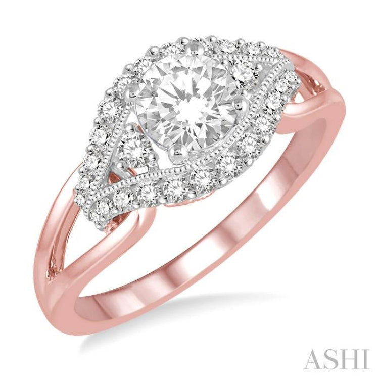 3/4 Ctw Diamond Engagement Ring with 1/2 Ct Round Cut Center Stone in 14K Rose and White Gold 3/4 Ctw Diamond Engagement Ring with 1/2 Ct Round Cut Center Stone in 14K Rose and White Gold