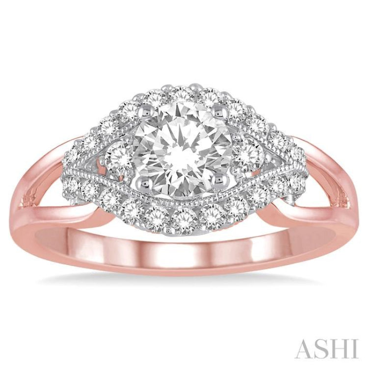 3/4 Ctw Diamond Engagement Ring with 1/2 Ct Round Cut Center Stone in 14K Rose and White Gold 3/4 Ctw Diamond Engagement Ring with 1/2 Ct Round Cut Center Stone in 14K Rose and White Gold