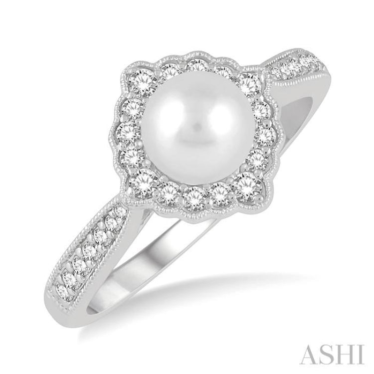 7 MM Cultured Pearl and 1/4 Ctw Round Cut Diamond Halo Ring in 10K White Gold 7 MM Cultured Pearl and 1/4 Ctw Round Cut Diamond Halo Ring in 10K White Gold