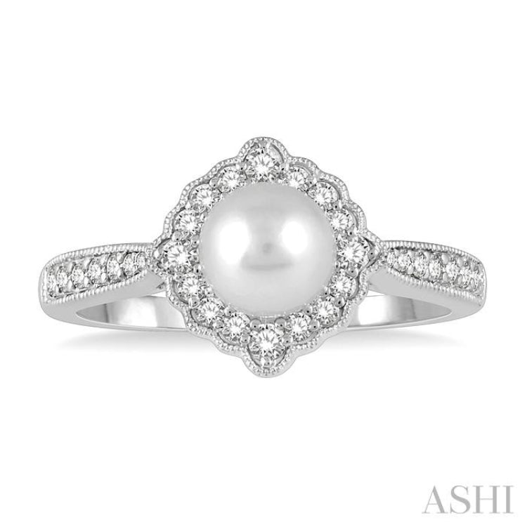 7 MM Cultured Pearl and 1/4 Ctw Round Cut Diamond Halo Ring in 10K White Gold 7 MM Cultured Pearl and 1/4 Ctw Round Cut Diamond Halo Ring in 10K White Gold