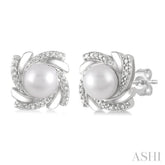 6x6 MM Round Shape Cultured Pearls and 1/50 Ctw Swirl Round Cut Diamond Earrings in Sterling Silver