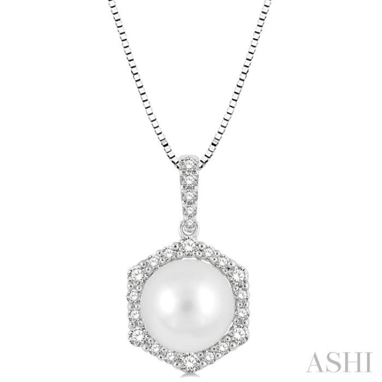 8 MM Cultured Pearl and 1/3 Ctw Hexagon Shape Round Cut Diamond Pendant With Chain in 14K White Gold 8 MM Cultured Pearl and 1/3 Ctw Hexagon Shape Round Cut Diamond Pendant With Chain in 14K White Gold