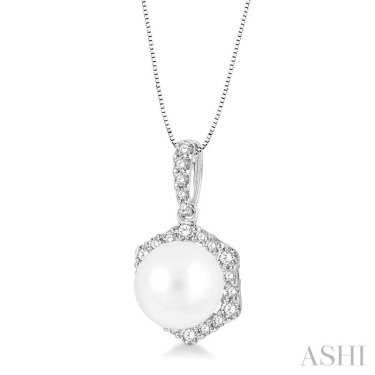 8 MM Cultured Pearl and 1/3 Ctw Hexagon Shape Round Cut Diamond Pendant With Chain in 14K White Gold 8 MM Cultured Pearl and 1/3 Ctw Hexagon Shape Round Cut Diamond Pendant With Chain in 14K White Gold