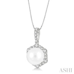 8 MM Cultured Pearl and 1/3 Ctw Hexagon Shape Round Cut Diamond Pendant With Chain in 14K White Gold 8 MM Cultured Pearl and 1/3 Ctw Hexagon Shape Round Cut Diamond Pendant With Chain in 14K White Gold