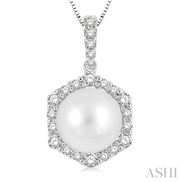 8 MM Cultured Pearl and 1/3 Ctw Hexagon Shape Round Cut Diamond Pendant With Chain in 14K White Gold 8 MM Cultured Pearl and 1/3 Ctw Hexagon Shape Round Cut Diamond Pendant With Chain in 14K White Gold