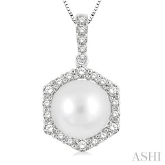 8 MM Cultured Pearl and 1/3 Ctw Hexagon Shape Round Cut Diamond Pendant With Chain in 14K White Gold 8 MM Cultured Pearl and 1/3 Ctw Hexagon Shape Round Cut Diamond Pendant With Chain in 14K White Gold