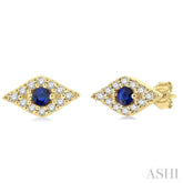 2.0 MM Round Cut Sapphire and 1/10 Ctw Evil Eye Round Cut Diamond Precious Petite Fashion Earrings in 14K Yellow Gold