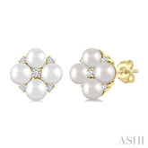 4 MM Round Shape Floral Cultured Pearls and 1/10 Ctw Round Cut Diamond Fashion Stud Earrings in 10K Yellow Gold