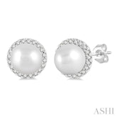 5.5 MM Round Shape Cultured Pearls and 1/8 Ctw Petite Round Cut Diamond Halo Fashion Stud Earrings in 10K White Gold