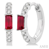 4X2 MM Baguette Cut Ruby and 1/8 Ctw Petite Round Cut Diamond Fashion Huggies in 10K White Gold