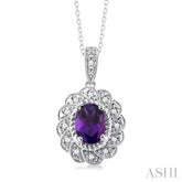 8X6 MM Oval Cut Amethyst and 1/20 Ctw Round Cut Diamond Semi-Precious Pendant With Chain in Sterling Silver