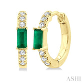 4X2 MM Baguette Cut Emerald and 1/8 Ctw Petite Round Cut Diamond Fashion Huggies in 10K Yellow Gold