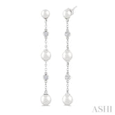 4 MM, 5 MM & 6 MM Round Shape Cultured Pearls and 1/10 Ctw Round Cut Diamond Station Long Earrings in 14K White Gold