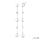 5 MM Round Shape Cultured Pearl and 1/10 Ctw Round Cut Diamond Station Long Earrings in 14K White Gold