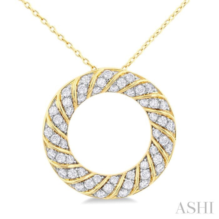 1/2 Ctw Ribbed Swirl Circle Round Cut Diamond Fashion Pendant With Chain in 10K Yellow Gold 1/2 Ctw Ribbed Swirl Circle Round Cut Diamond Fashion Pendant With Chain in 10K Yellow Gold