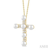 4 MM Cross Cultured Pearl and 1/5 Ctw Round Cut Diamond Semi-Precious Fashion Pendant With Chain in 10K Yellow Gold