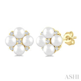 3 MM Floral Round Shape Cultured Pearl and 1/20 Ctw Round Cut Diamond Fashion Stud Earrings in 10K Yellow Gold