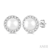 4.5 MM White Cultured Pearl and 1/8 Ctw Round Cut Diamond Halo Stud Earrings in 14K White Gold