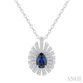 6X4 MM Pear Cut Sapphire and 1/3 Ctw Starburst Round Cut Diamond Precious Pendant With Chain in 14K White Gold