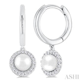 5.5 MM Round Shape Cultured Pearl and 1/8 Ctw Petite Round Cut Diamond Halo Fashion Huggies in 10K White Gold