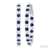 2.1 MM Round Sapphire and 1 Ctw Round Cut Diamond Inside & Outside Alternating Precious Hoop Earrings in 14K White Gold