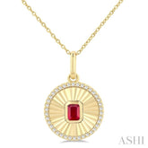 4X3 MM Octagon Shape Ruby and 1/8 Ctw Single Cut Diamond Precious Fluted Medallion Pendant in 10K Yellow Gold with Chain