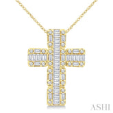 1 Ctw Fusion Baguette and Round Cut Diamond Cross Fashion Pendant With Chain in 14K Yellow Gold