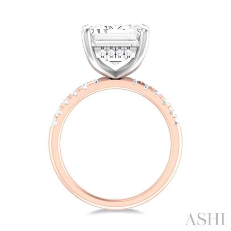 3/8 ctw Emerald Shape Round Cut Diamond Semi Mount Engagement Ring in 14K Rose and White Gold