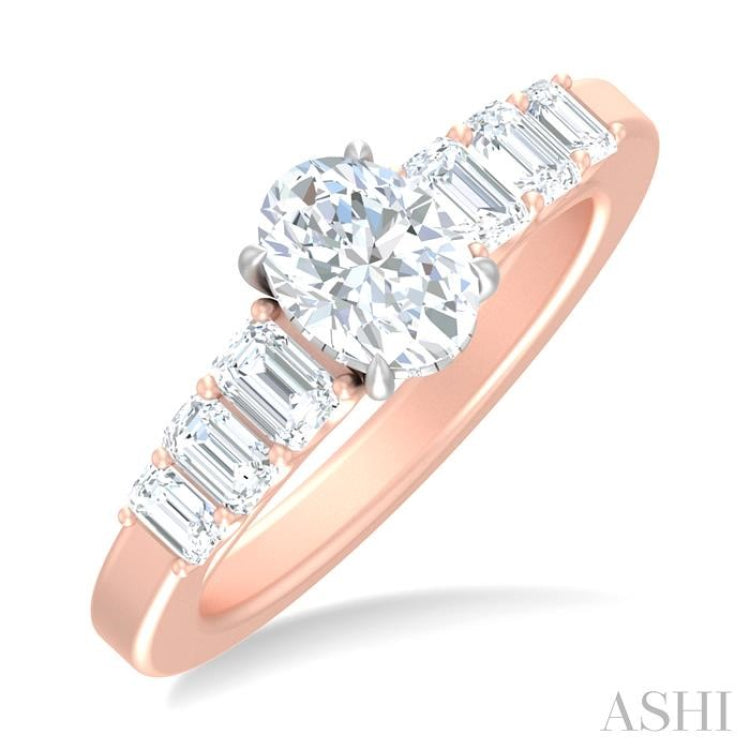 1 ctw Oval Shape Emerald and Round Cut Diamond Semi Mount Engagement Ring in 14K Rose and White Gold