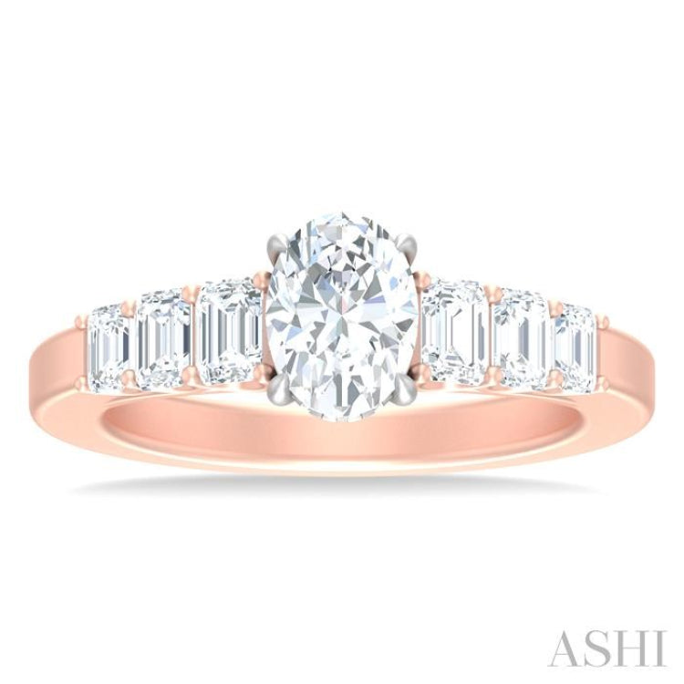 1 ctw Oval Shape Emerald and Round Cut Diamond Semi Mount Engagement Ring in 14K Rose and White Gold