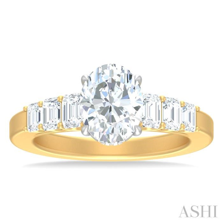1 ctw Oval Shape Emerald and Round Cut Diamond Semi Mount Engagement Ring in 14K Yellow and White Gold