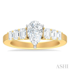 1 ctw Pear Shape Emerald and Round Cut Diamond Semi Mount Engagement Ring in 14K Yellow and White Gold